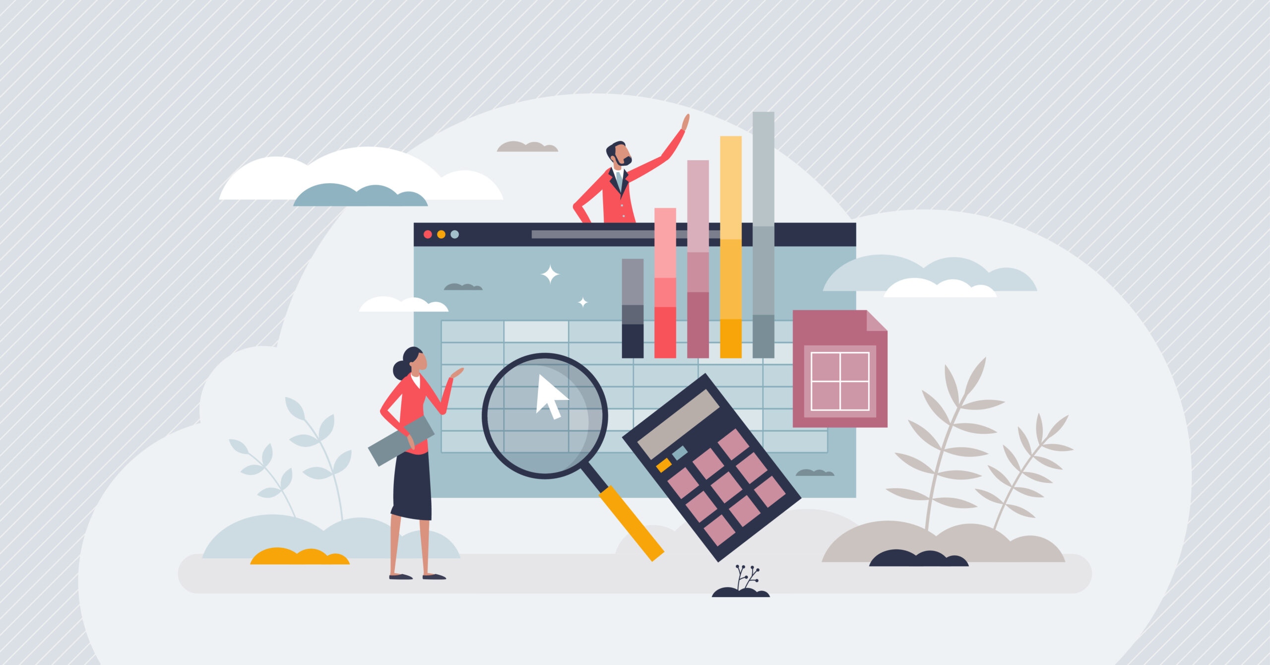Business account spreadsheet page and data columns for reports tiny person concept. Office document file with financial charts, analytical bars and profit information numbers vector illustration.