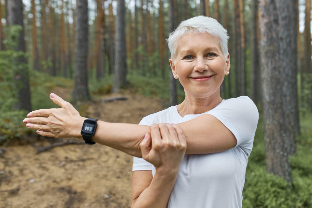 middle-aged women stretching